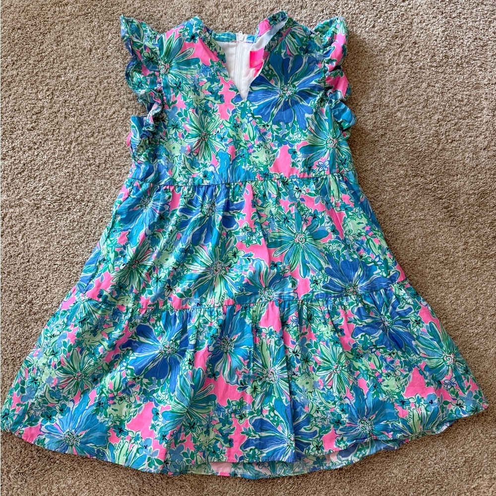 Girls' Floral Ruffle Sleeve Dress - Pink & Blue